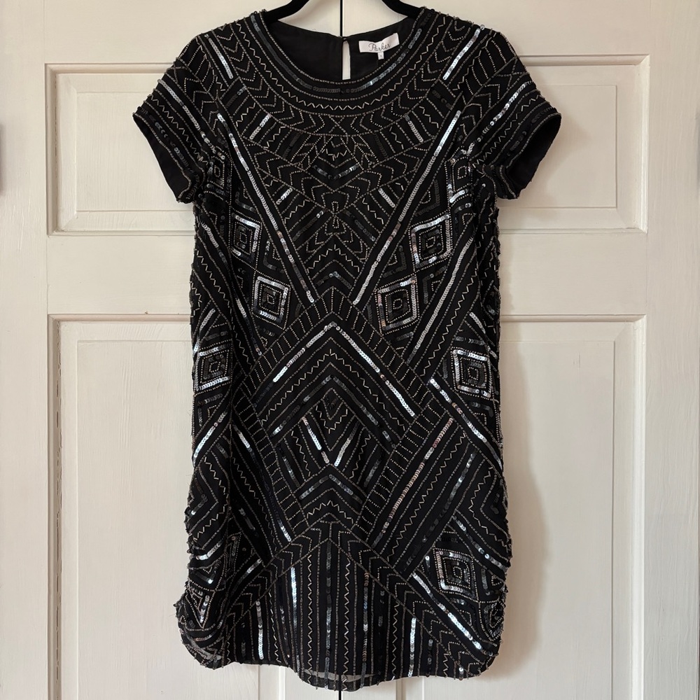 Parker Topaz Beaded Sequin Mini Dress Black Geometric Cocktail Party Size S NWT - Picture 3 of 16